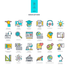 Fototapete - Set of line modern color icons for education