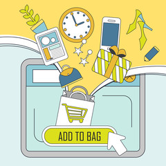 Wall Mural - add products to bag concept in thin line style