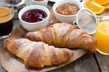 delicious breakfast with fresh croissants on wooden table