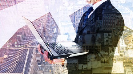 Poster - Composite image of businessman with watch using tablet pc