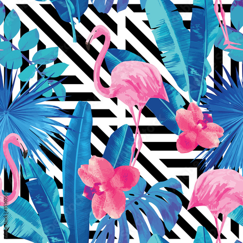 Naklejka na meble flamingo and orchids pattern, geometric background