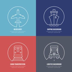 Logistics line icons. Airmail cargo transportation, delivery and