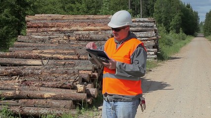 Poster - Forest officer with documents on the road near forest