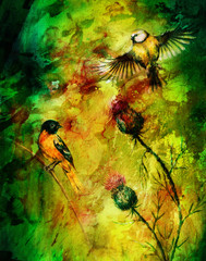 Poster - Color abstract background with birds and flower.