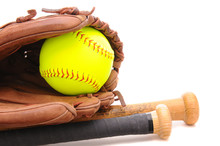Softball Glove Ball And Two Bats On White With Copyspace