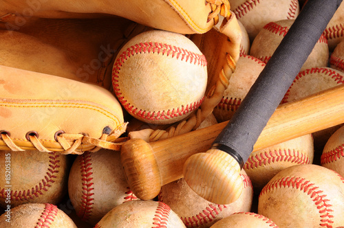 Photo Vintage Baseball Equipment, bat, balls, glove