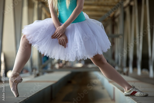 Fotografie, Obraz Cropped picture legs of graceful ballerina in white tutu