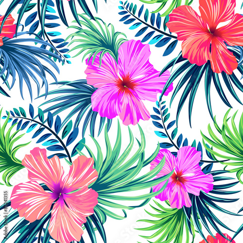 bez-szwu-tropikalnych-kwiatowy-wzor-liscie-hibiskusa-i-palmy-na-bialym-tle-klasyczne-motywy-aloha-w-soczystym-kolorowym-wzorze