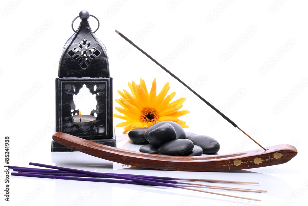 Lantern and incense on a white background - obrazy, fototapety, plakaty 