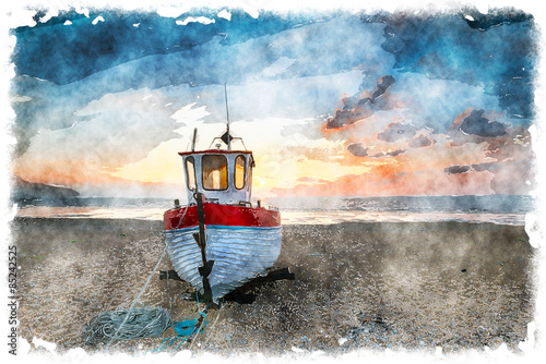 Nowoczesny obraz na płótnie Beautiful Fishing Boat at Sunrise