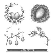 Vector Vintage Collection Of Ink Hand Drawn Easter Illustrations Isolated On White. Easter Holiday Sketch Set.