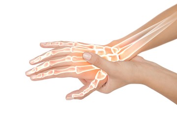 highlighted bones of woman with hand pain