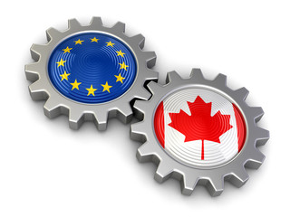 Poster - Canadian and European union flags on a gears (clipping path included)