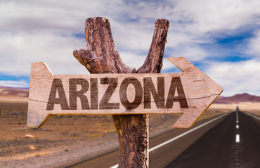 Wall Mural - Arizona wooden sign with desert road background