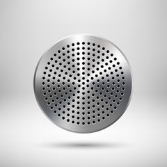 Poster - Abstract circle badge, audio button template with circle perforated speaker grill pattern, metal texture (chrome, steel, silver), realistic shadow and light background. Vector illustration.