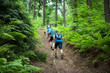 four men running hard up the hill in the forest with fern