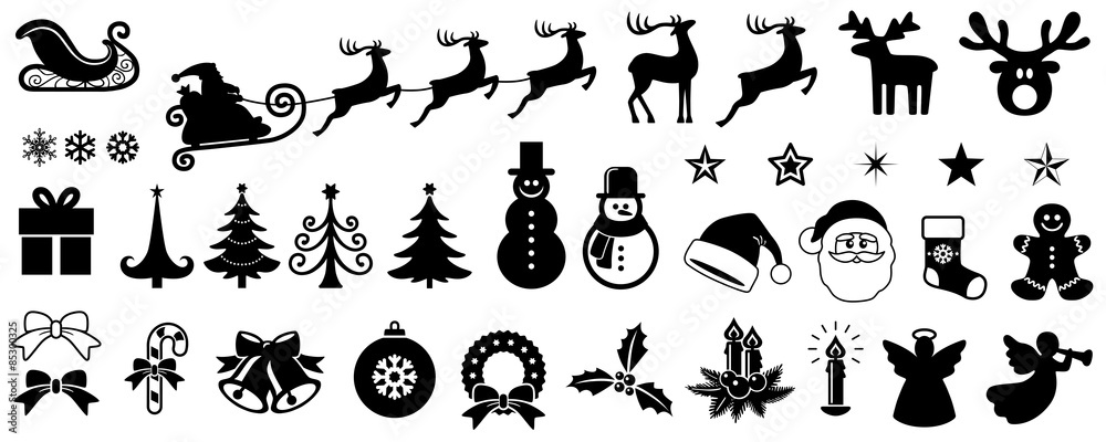 Christmas Vector Icon Set, Background, Black, Isolated - obrazy, fototapety, plakaty 