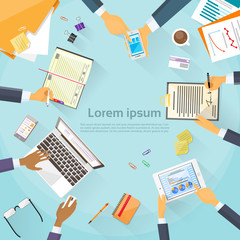 Poster - business people hands desk workplace top angle above view team