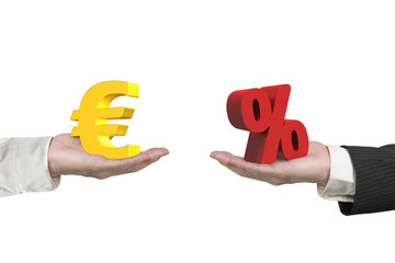 Euro symbol and percentage sign with two hands