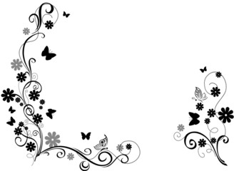 Wall Mural - Black and white ornament with flower and butterfly.