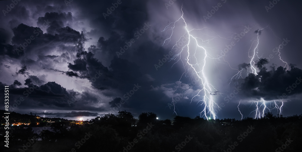  Thunderstorm with lightning bolts on the Thai island - obrazy, fototapety, plakaty 