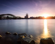 Kölner Dom als Siluette mit der Deutzer Brücke und der Untergehenden Sonne mit Spiegelung im Rhein