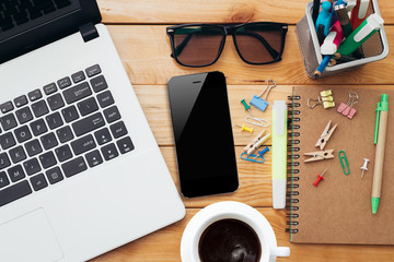 Aufkleber - workplace with laptop coffee phone and notebook on wood desk