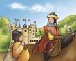 A digital illustration for Grimms fairy tale Rumpelstiltskin. The prince on his horse is talking with a miller near an ancient castle. An european medieval scene.