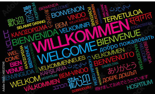 Fotografie, Obraz Willkommen Internationale Welcome Farben Abbildung Worten cloud schwarz