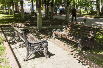 PUSHKINO, RUSSIA. A cozy corner in the boulevard. Two benches