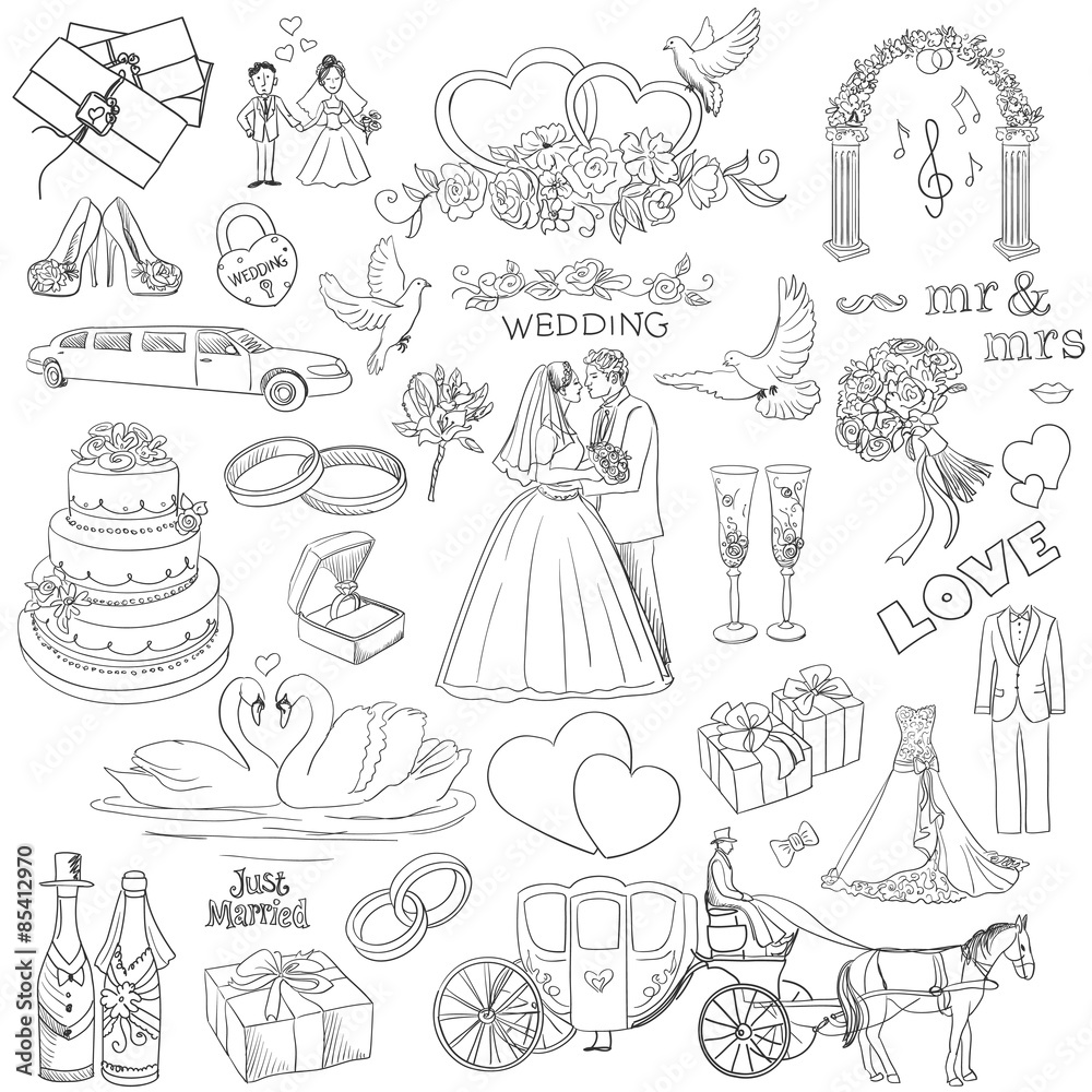 Hand drawn collection of decorative wedding design elements Stock ...