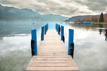 Wooden Pier Of The Lake Annecy In Haute Savoie, France