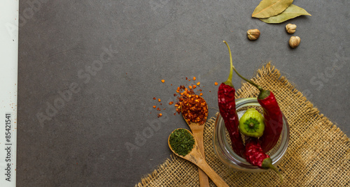 Fototapeta na szkło Many spices and herbs selection background.