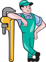 Sticker - Plumber Leaning Monkey Wrench Isolated Cartoon