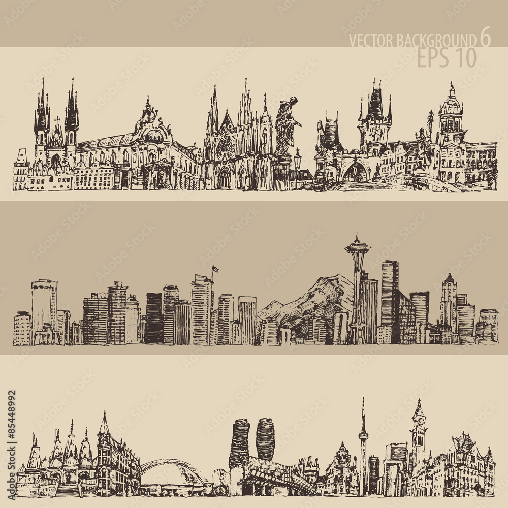miasto-zestaw-praga-toronto-seattle-duze-miasto-architektura-vintage-grawerowane-ilustracja-recznie-rysowane-szkic
