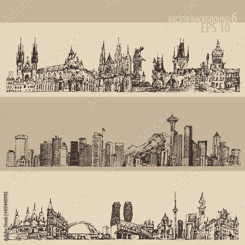 Naklejka dekoracyjna City set Prague, Toronto, Seattle big city architecture vintage engraved illustration hand drawn sketch