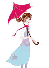 Girl In Pastel Colors In The Scarf And An Umbrella In The Rain