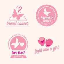 Breast Cancer Set Of Stickers. Pink Ribbon, Icon Design.