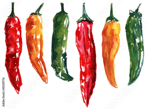 Naklejka - mata magnetyczna na lodówkę A set of six watercolour chili peppers on white background