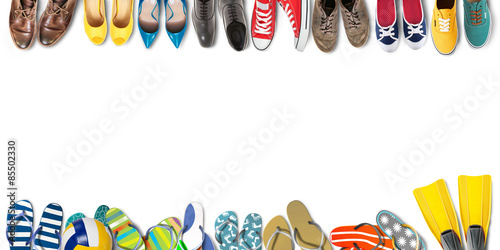 Fotografia Summer holidays, office shoes colored flip flops, travel