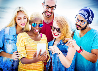 Diverse Summer Friends Fun Bonding Smart Phone Concept