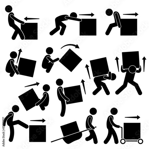 Fotomural Man Moving Box Actions Postures Stick Figure Pictogram Icons