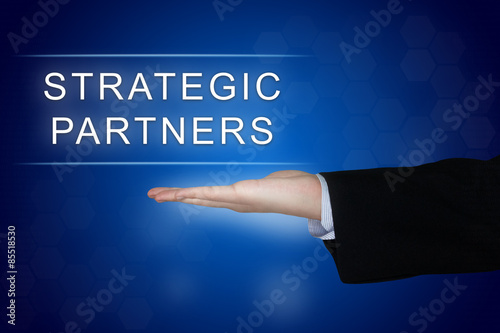 Fotografía strategic partner button on blue background
