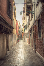 Typical Narrow Alley In Street Of Venice (Venezia) At A Rainy Day, Vintage Style, Italy, Europe