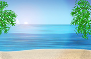 The sea, palm trees and tropical beach under blue sky. Vector