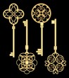 Antigue door key set in golden metallic design with historic ornamental vintage patterns.