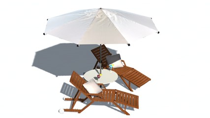 Deck chairs and umbrella isolated on white background