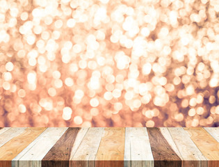 Poster - Empty perspective table with pink sparkling bokeh wall,Template