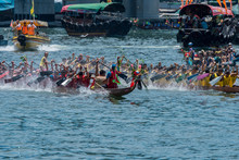 ABERDEEN,HONGKONG,JUNE 20 2015: Boats Racing In The Love River For The Dragon Boat Festival In Aberdeen Hongkong