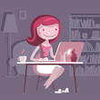 Vector Illustration how Girl Works From Home, pink tinted cartoon character.